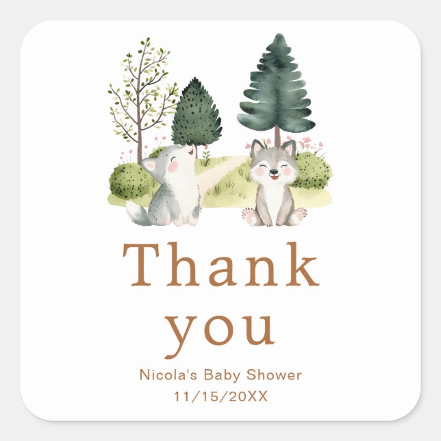 Sticker Carré Baby shower Wolf Woodland (Devant)