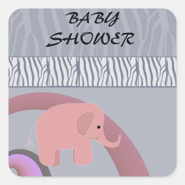 Sticker Carré Baby-Showr éléphant rose (Devant)