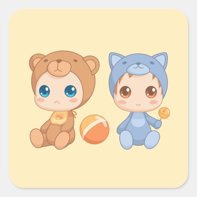 Sticker Carré Baby Twins Bear Chat Jumpsuit sur Jaune 2 (Devant)