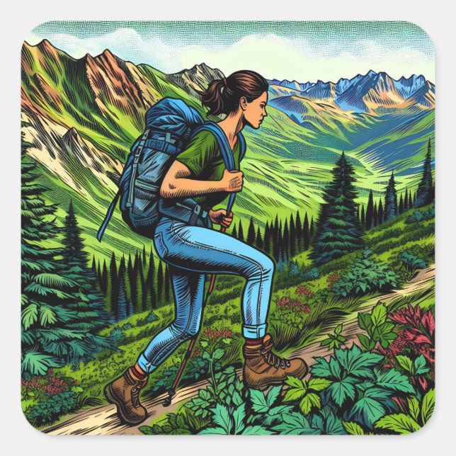 Sticker Carré Backpacking Girl Randonnée le sentier (Devant)