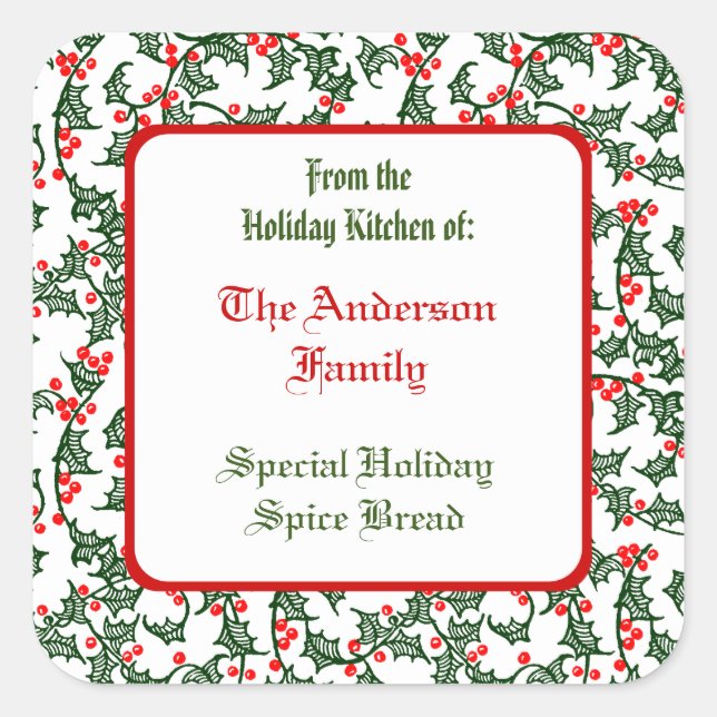 Sticker Carré Baguette de cuisson personnalisée Green Holly avec (Devant)