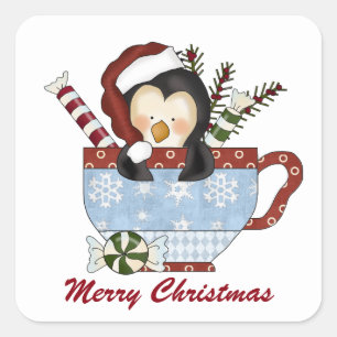 Sticker Carré Baguette de manchot de cacao de Noël joyeux