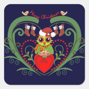 Sticker Carré Baguette de Noël joyeux avec hibou