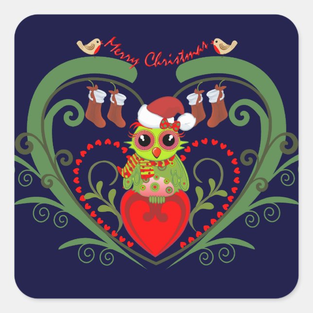 Sticker Carré Baguette de Noël joyeux avec hibou (Devant)