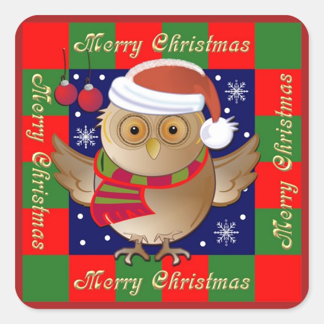 Sticker Carré Baguette de Noël joyeux avec Père Noël Owl (Devant)