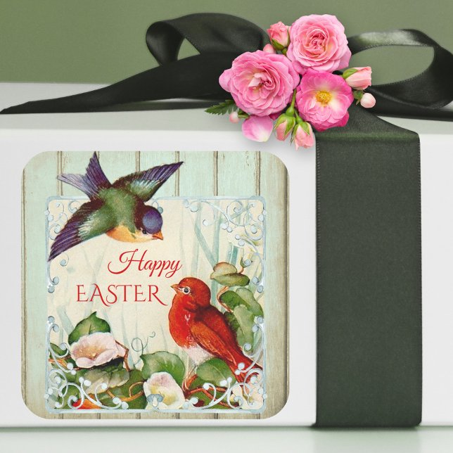 Sticker Carré Baguette de Pâques fleurie aux oiseaux de printemp (Happy Easter sticker featuring a vintage design with cute colorful birds and elegant flowers)