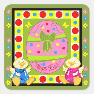 Sticker Carré Baguette de Pâques mignonne avec texte et poulets