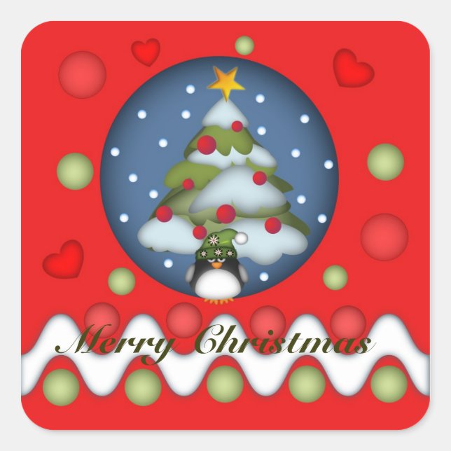 Sticker Carré Baguette Xmas mignonne avec arbre, pingouin et tex (Devant)