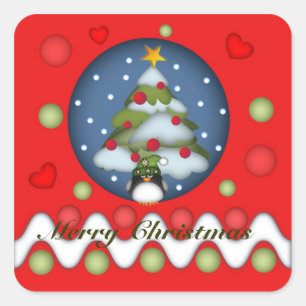 Sticker Carré Baguette Xmas mignonne avec arbre, pingouin et tex