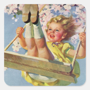 Sticker Carré Balançoire Vintage, Fille Se Balançant dans un Arb