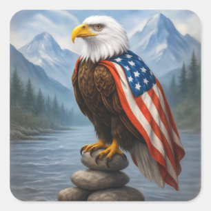 Sticker Carré Bald Eagle portant un drapeau américain Cape