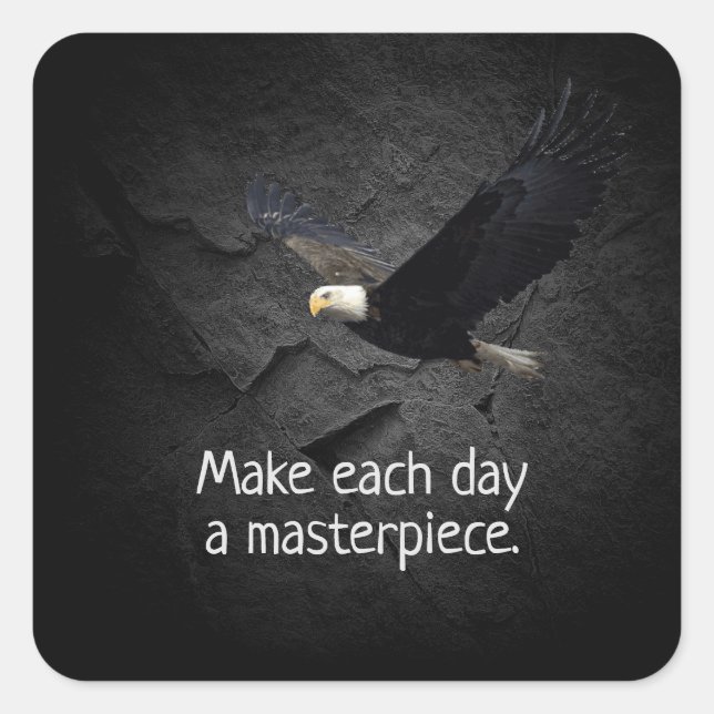 Sticker Carré Bald Eagle sur pierre noire avec citation motivant (Devant)
