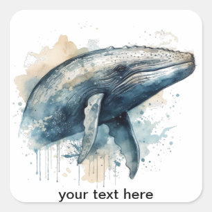 Sticker Carré baleine bleue nageant dans l'océan en aquarelle