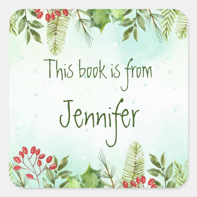Sticker Carré Balise cadeau boîte de Noël Holly Berry Bookplate (Devant)