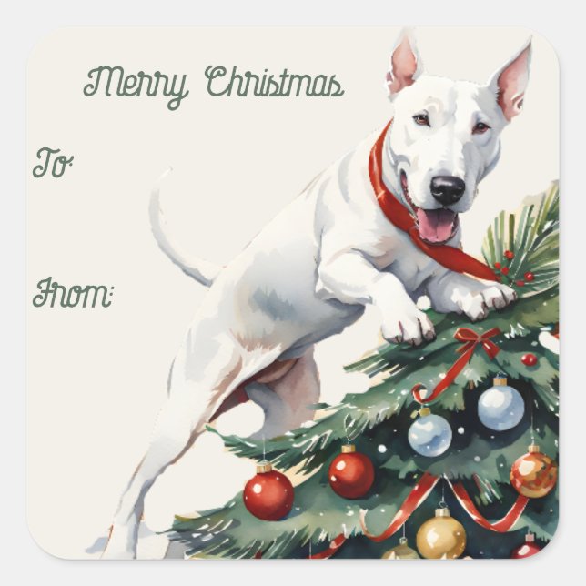 Sticker Carré Balise cadeau Bull Terrier et Arbre de Noël (Devant)