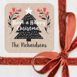 Sticker Carré Balise cadeau d'arbre de Noël rustique Kraft