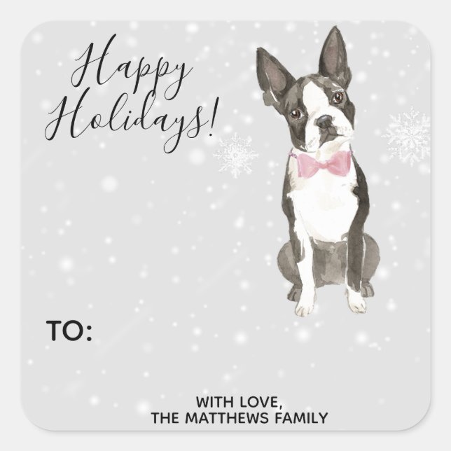 Sticker Carré Balise cadeau de Noël de Boston Terrier Dog (Devant)