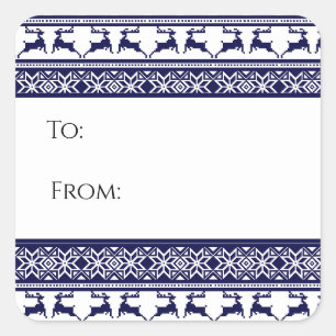 Sticker Carré Balise cadeau de Noël, Folk Scandinave Bleu & Blan
