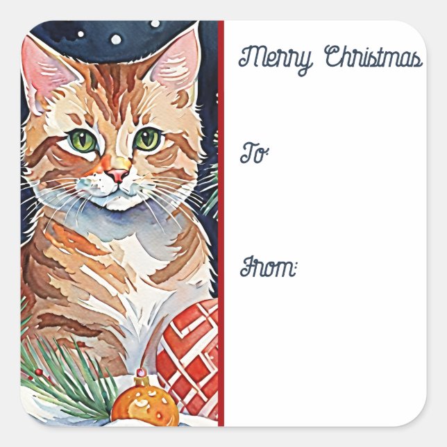 Sticker Carré Balise cadeau de Noël Orange Tabby Kitten Meowy (Devant)