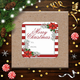 Sticker Carré Balise cadeau de Noël Poinsettia Aquarelle