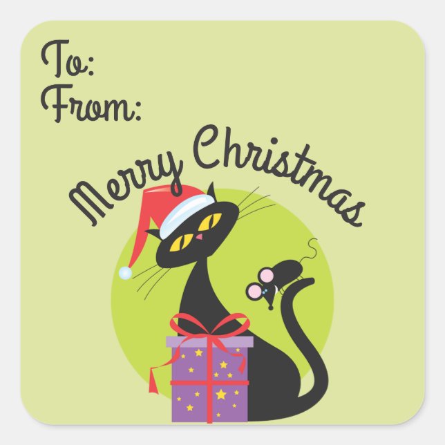 Sticker Carré Balise cadeau de Noël Retro Cat and Mouse (Devant)
