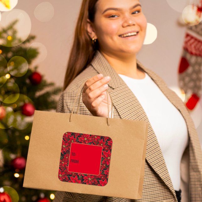 Sticker Carré Balise cadeau de Noël Rouge Poinsettia (Créateur téléchargé)