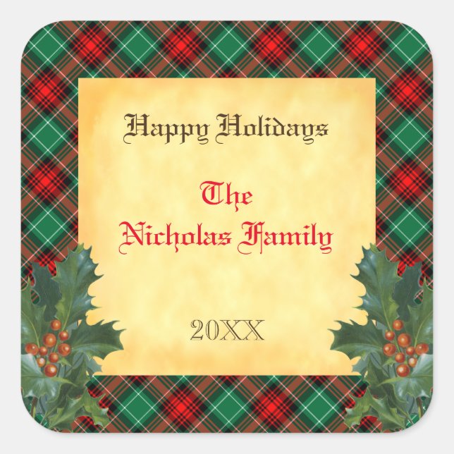 Sticker Carré Balise cadeau de vacances Red Green Plaid Holly Ed (Devant)