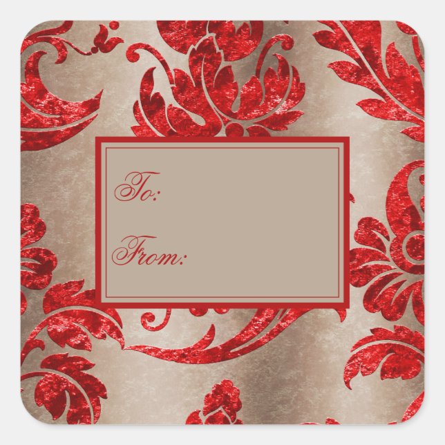 Sticker Carré Balise cadeau Elegant Red Gold Faux Velvet Damask (Devant)