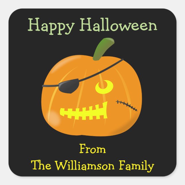 Sticker Carré Balise Cadeau Halloween Pirate Citrouille Mignonne (Devant)