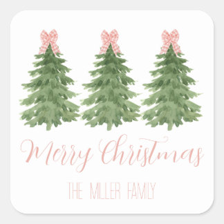 Sticker Carré Balise cadeau Pink En vichy Bow Christmas Tree Sti