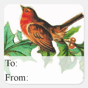 Sticker Carré Balise cadeau Vintage Christmas Bird sur Holly