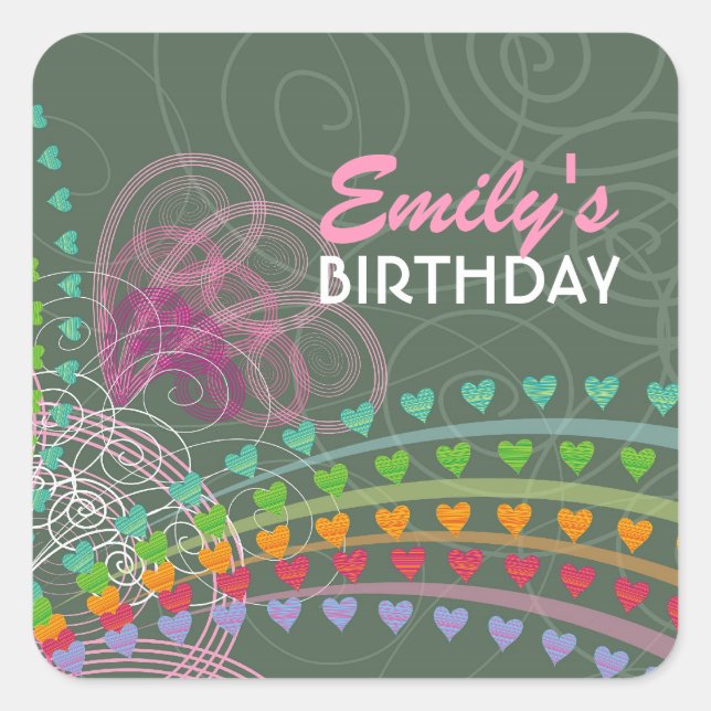 Sticker Carré Balise cadeau Whimsical Rainbow Hearts Pink Swirls (Devant)