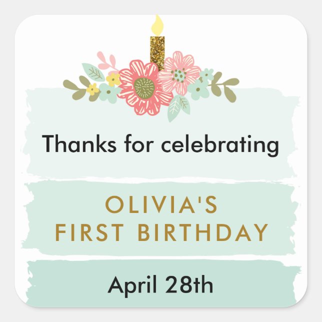 Sticker Carré Balise d'anniversaire Mint Green Ombre Cake Favour (Devant)