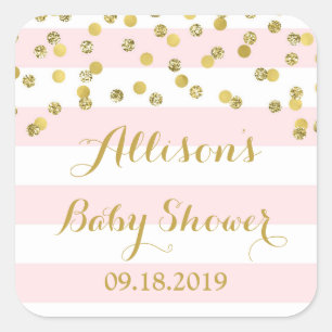 Sticker Carré Balise de Baby shower Confetti Gold Stripes rose F