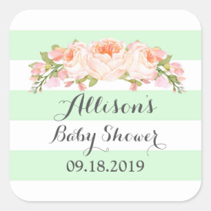 Sticker Carré Balise de Baby shower de fleurs d'aquarelle rose à