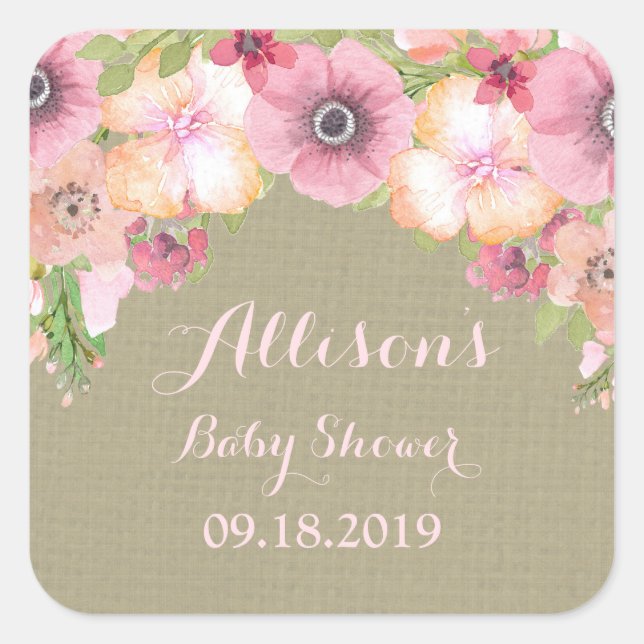 Sticker Carré Balise de Baby shower rose rose rose Burlap (Devant)
