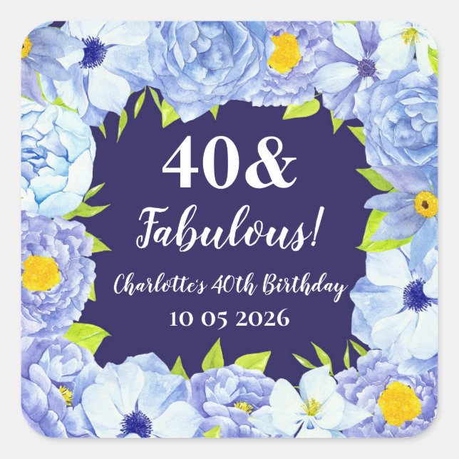 Sticker Carré Balise Fleurs Bleues Personnalisée Anniversaire Fa (Devant)