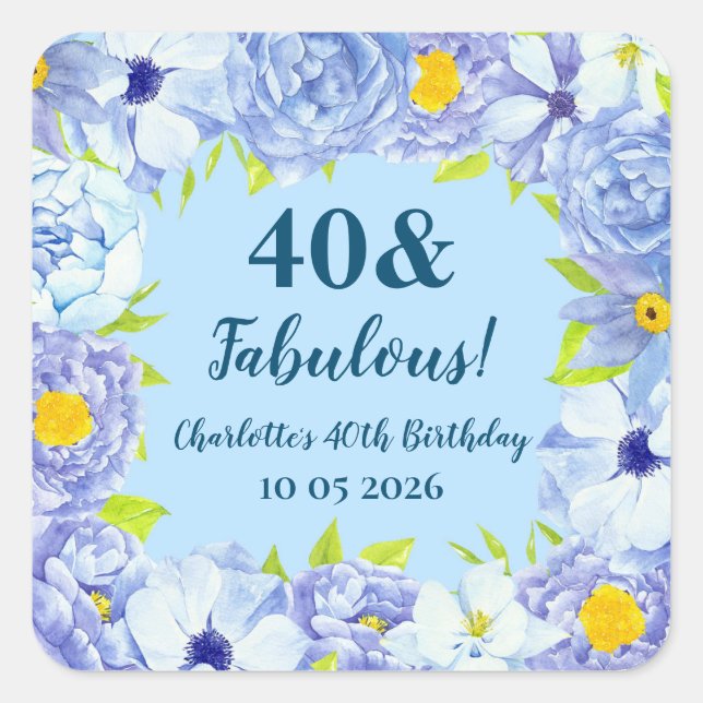 Sticker Carré Balise Fleurs Bleues Personnalisée Anniversaire Fa (Devant)