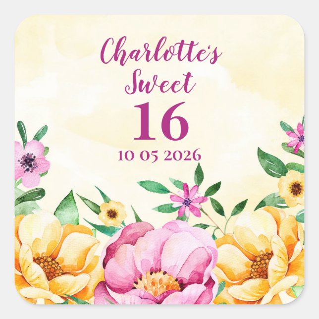 Sticker Carré Balise Fleurs de printemps doux 16 Anniversaire Fa (Devant)