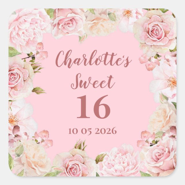 Sticker Carré Balise Fleurs roses Douces 16 Anniversaire Favor (Devant)