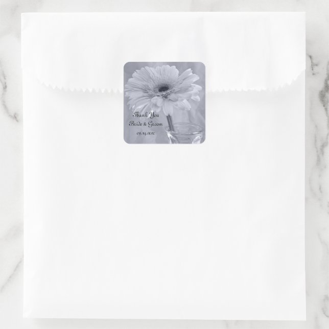 Sticker Carré Balise Mariage bleu pâle teinté marguerite Merci F (Sac)