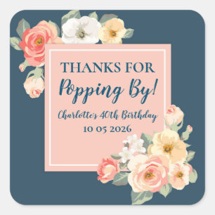 Sticker Carré Balise Peach Floral Merci pour Popping By Birthday