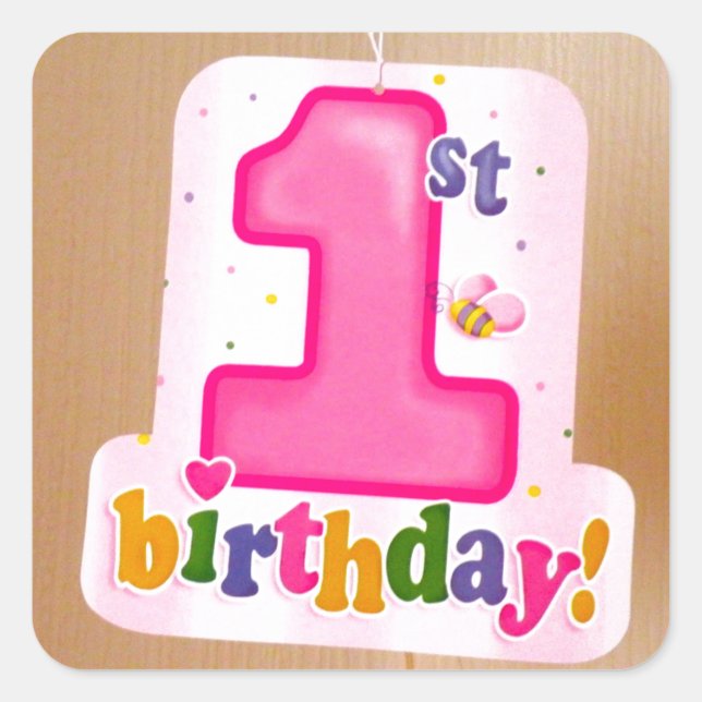 Sticker Carré Balise rose 1er anniversaire sur la porte (Devant)