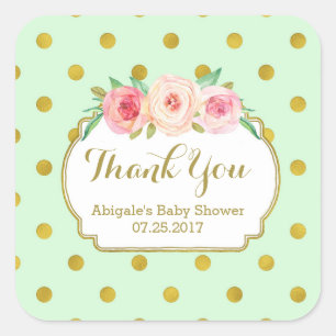 Sticker Carré Balises de Baby shower Floral Mint Gold Dots Favor