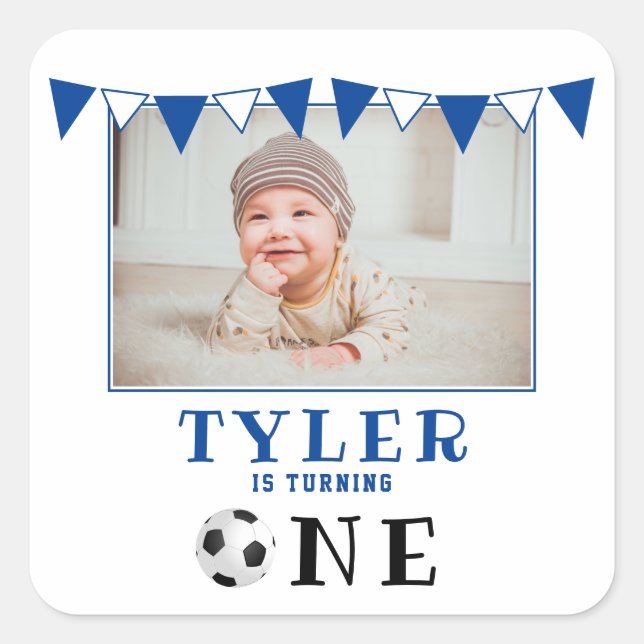 Sticker Carré Balle de football 1er anniversaire Photo Anniversa (Devant)