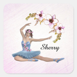 Sticker Carré Ballerina en bleu Nom personnel sur rose