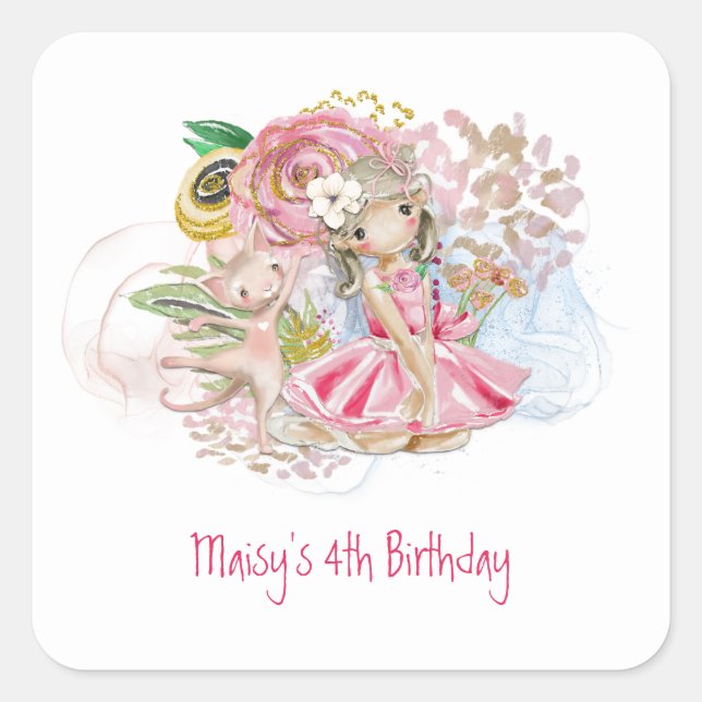 Sticker Carré Ballerina Florals Chat Rose Fille 4e fête d'annive (Devant)
