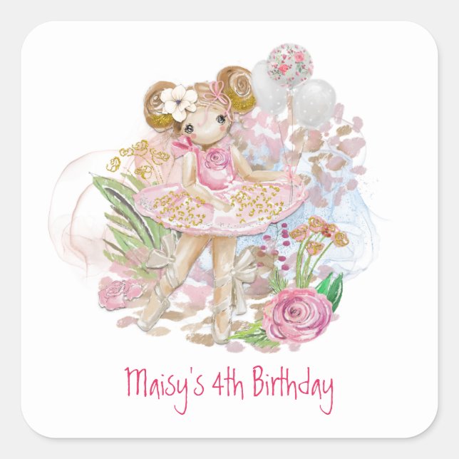 Sticker Carré Ballerina Florals Rose Girl 4e fête d'anniversaire (Devant)