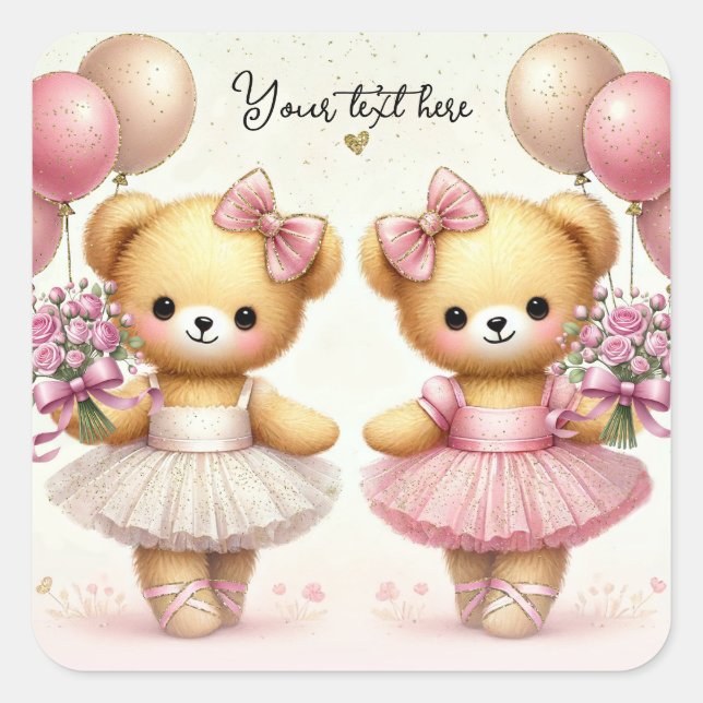 Sticker Carré Ballerina Twinkle Toile Twin Bears Anniversaire (Devant)