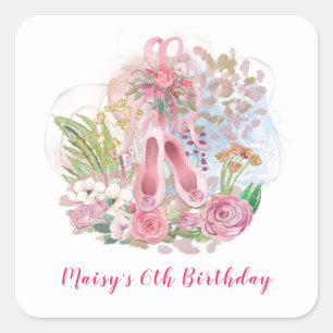 Sticker Carré Ballet Chaussures Fleurs Rose Fille 6e fête d'anni